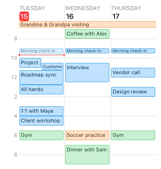 The large Riff widget: Tuesday 15, Wednesday 16 and Thursday 17 as three columns of hours from 8 in the morning to 8 at night, each event a named block at its time and length. A visit from Grandma and Grandpa spans the top, a morning check-in repeats on each day, and Tuesday's late morning holds four meetings side by side.